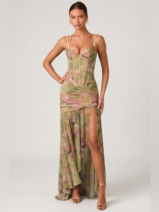 Oh Polly Dresses & Skirts - Oh Polly Haruna Ruched Asymmetric Corset Gown in Floral Multi Print